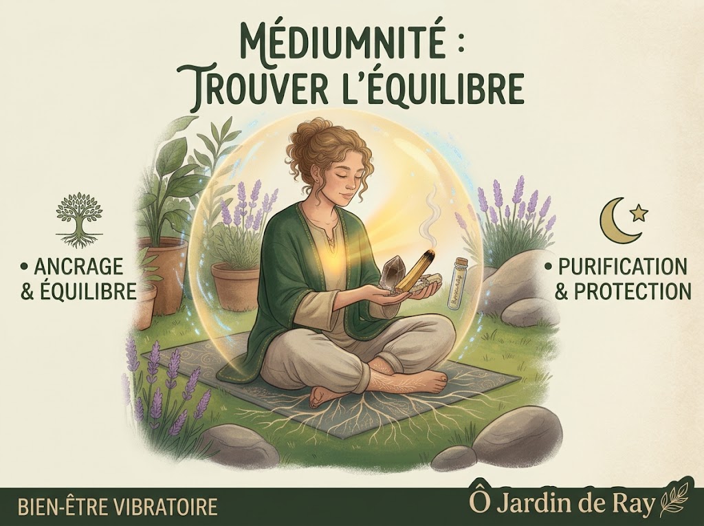 Illustration pour Ô Jardin de Ray montrant une praticienne en médiumnité en méditation dans une bulle de lumière de protection, entourée de plantes, d'un cristal et de Palo Santo pour l'ancrage et la purification.