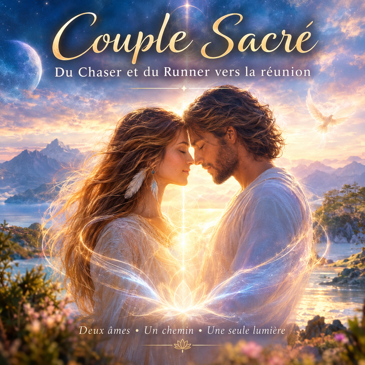 Couple Sacré, une femme et un homme unis par une lumière dorée sous un ciel étoilé, symbolisant le chemin spirituel du Chaser et du Runner vers la réunion.