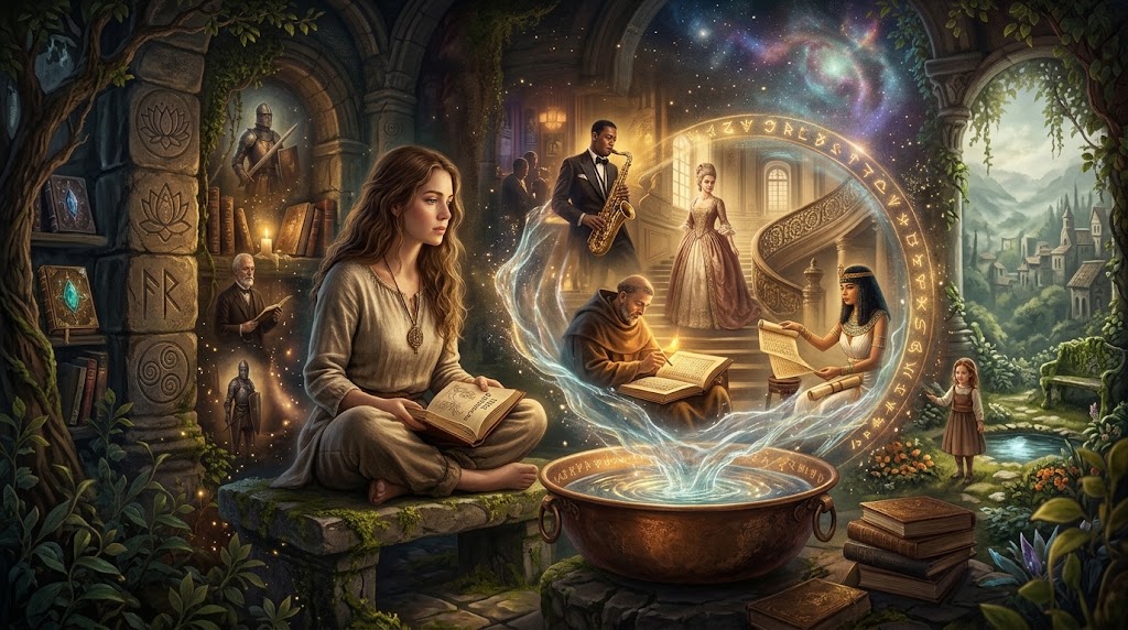 Illustration spirituelle des vies antérieures, symbolisant les liens de l’âme et le chemin de réincarnation.