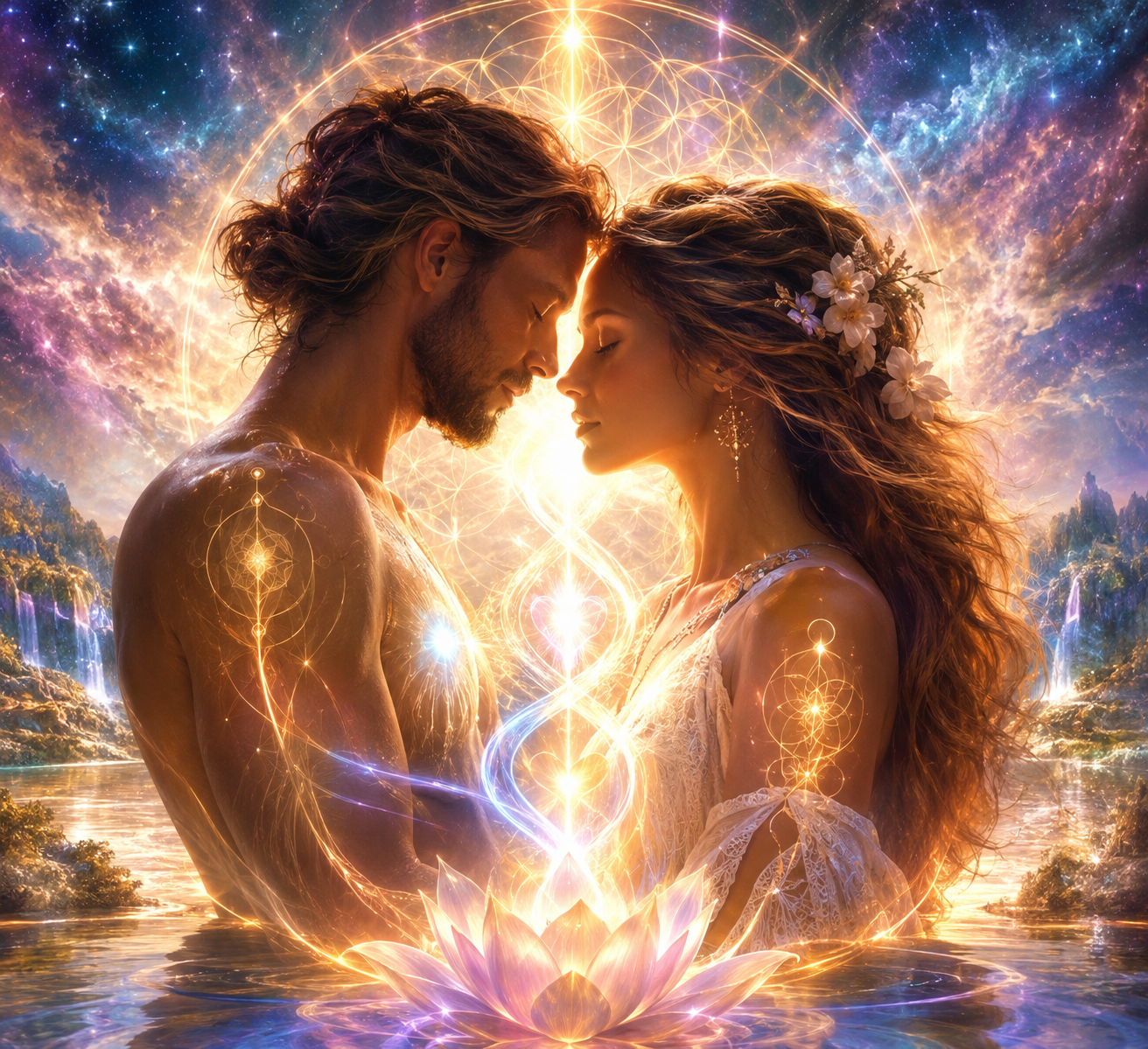 Deux âmes unies par un lien spirituel profond, symbolisant l’amour, les blessures du cœur, les silences et la connexion entre deux êtres.