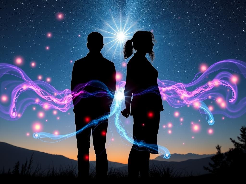 Silhouettes d’un couple reliées par des ondes lumineuses symbolisant les émotions flamme jumelle.